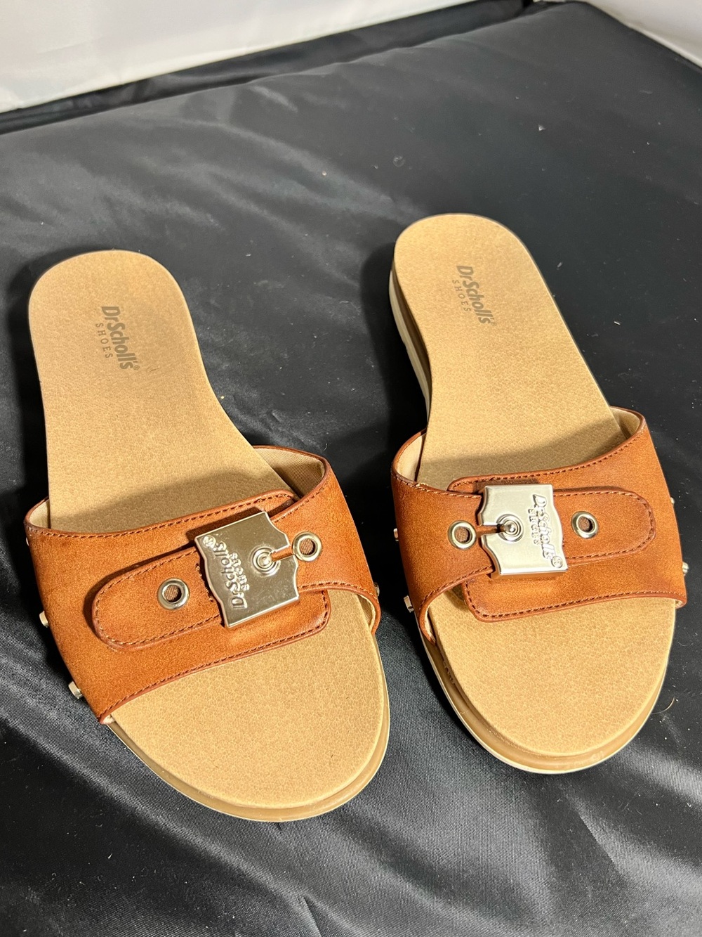 Honey Brown Faux Leather Silver Buckle Adjustable Nice Iconic Slide Sandals